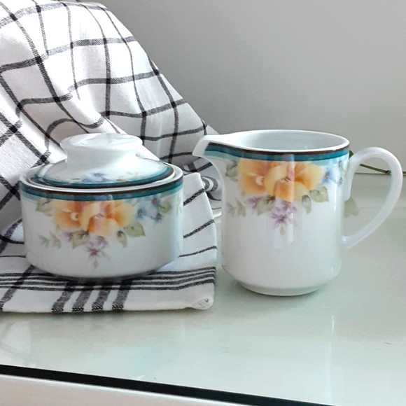 Christopher Stuart Fine China Tranquility Lidded Sugar Creamer Y0237 Teal Yellow - Picture 1 of 16